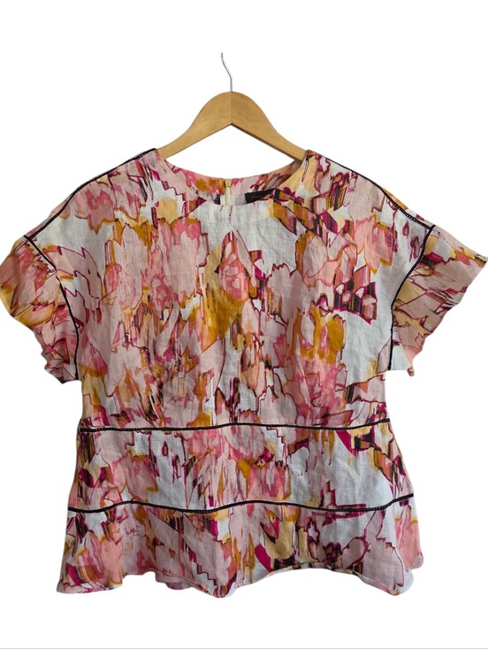 Donna Karan Tops - 100% Linen Donna Karan Pink and Yellow Watercolor Floral Flutter-Sleeve Top